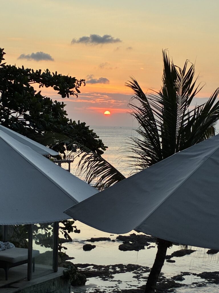 18時10分、ヤシの木の向こうに沈む夕陽